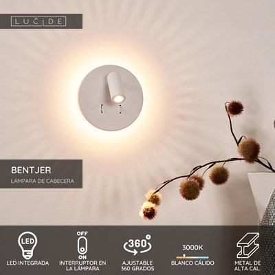 Lucide BENTJER - Lámpara de cabecera / Lámpara de pared - Ø 14 cm - LED - 3000K - Blanco